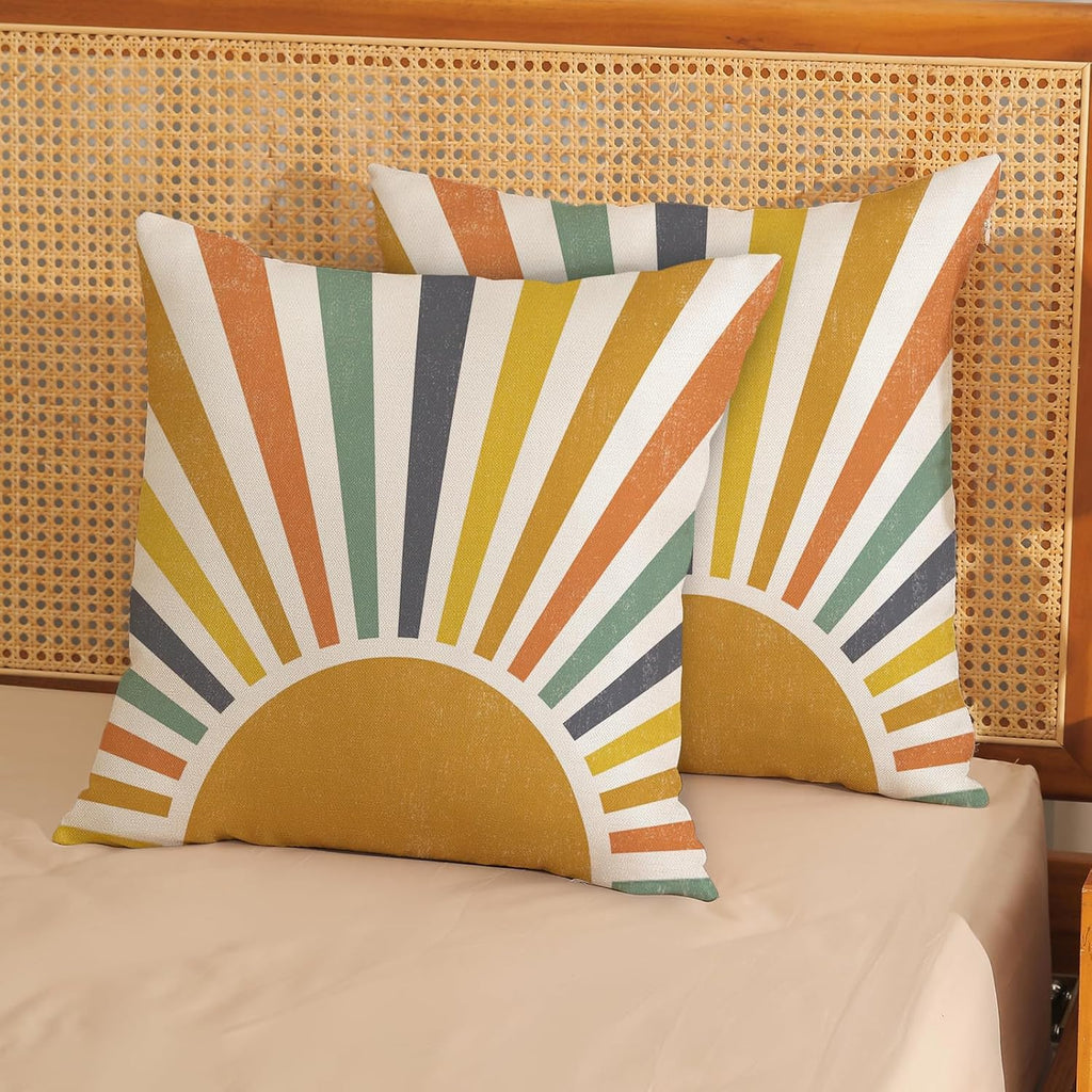 Summer Pillow Covers 18x18 Inch Set of 2, Stripes Yellow Sunshine Decorations Outdoor Throw Pillows Boho Summer