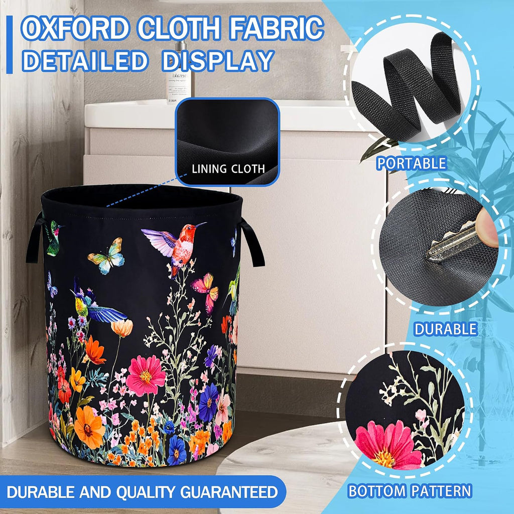 Hummingbird Flowers Laundry Basket Oxford Cloth Butterflies Laundry Hamper | With Handle Foldable Portable Clothes