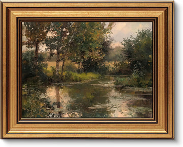 Gold Framed Wall Art, Vintage Countryside Landscape Canvas Prints - Farmhouse Cottagecore Nature River Pictures