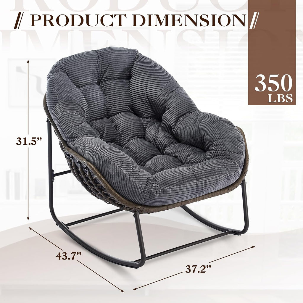 Oversized Indoor Rocking Chair, Comfy Corduroy Rocking Papasan Chair with Thick Cushion and Frame, Large Wicker