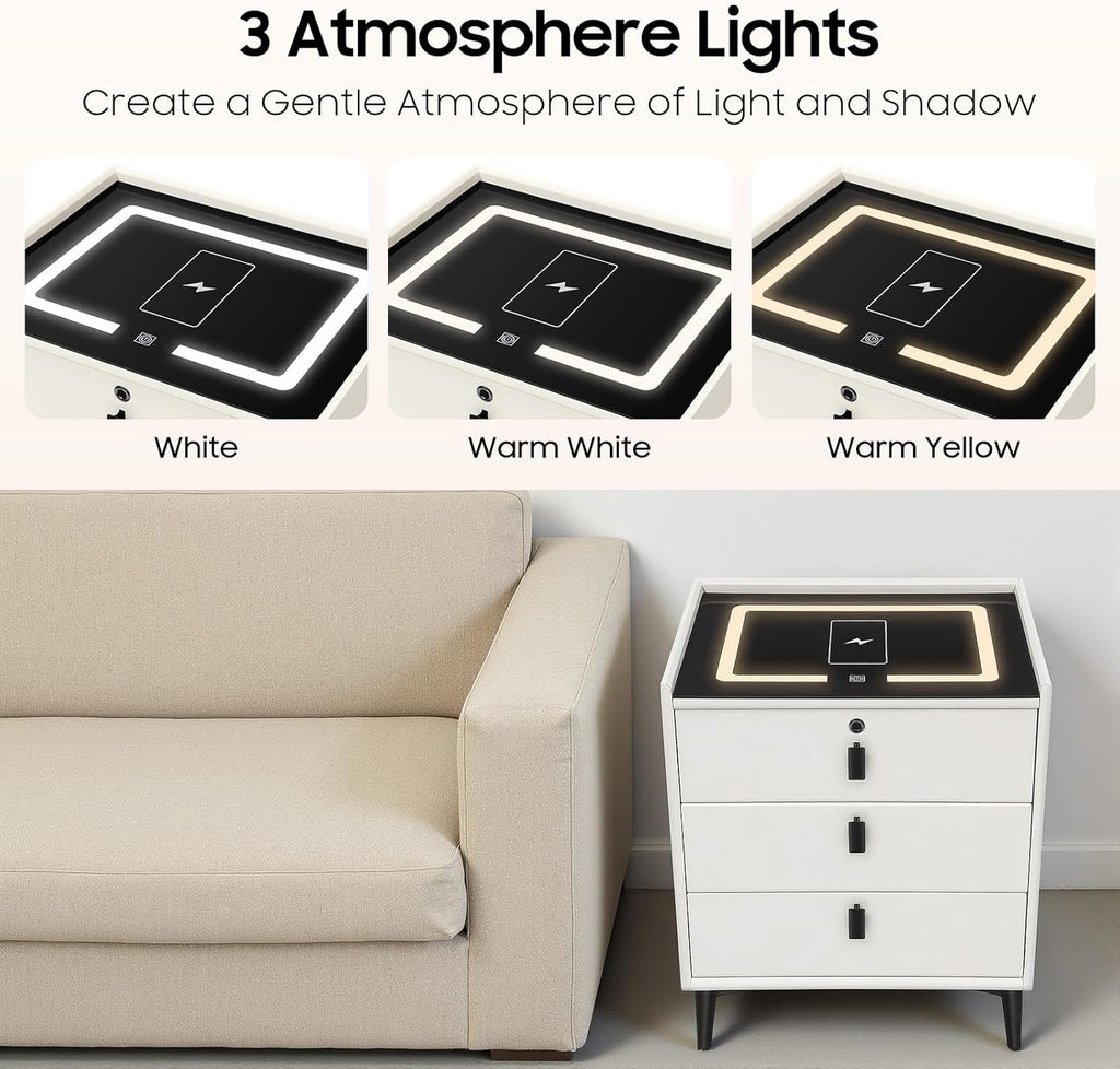 Smart Nightstand with Bluetooth Speaker USB Charging, 3 Drawer | Bedroom Daily Storage Scene, 4.72in Raised Legs