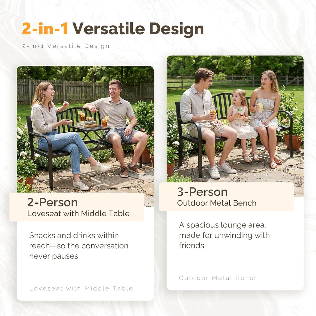 59" Outdoor Metal Bench Patio Bench with Built in Table Park Bench Garden Bench, Outside Benches Weather Proof Front