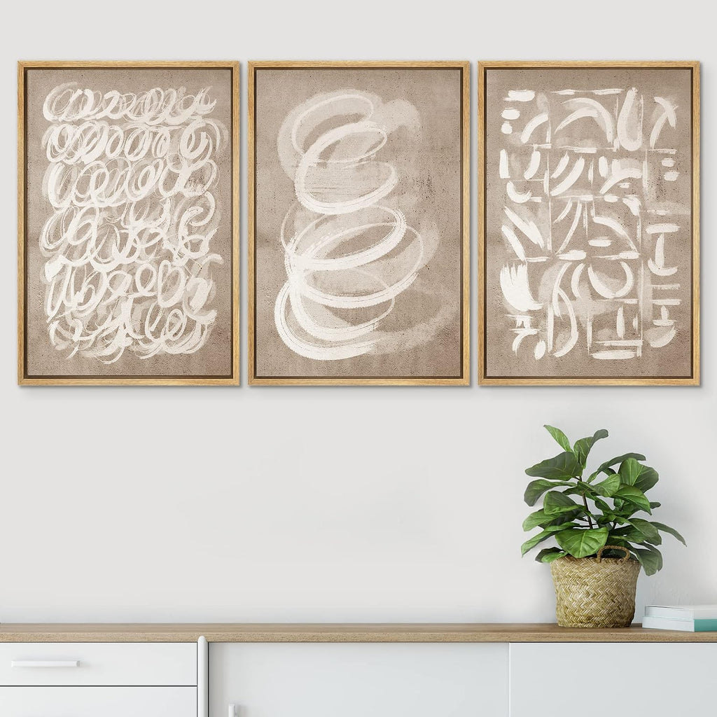 Framed Canvas Print Wall Art Set Brown Pastel Watercolor Paint Strokes Shapes Abstract Illustrations Modern Art - Set of 3