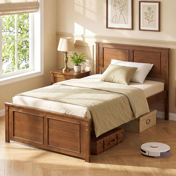 Wood Twin Bed Frames with Headboard, Farmhouse Solid Platform Bed w/Wooden Slat Support Mattress Foundation
