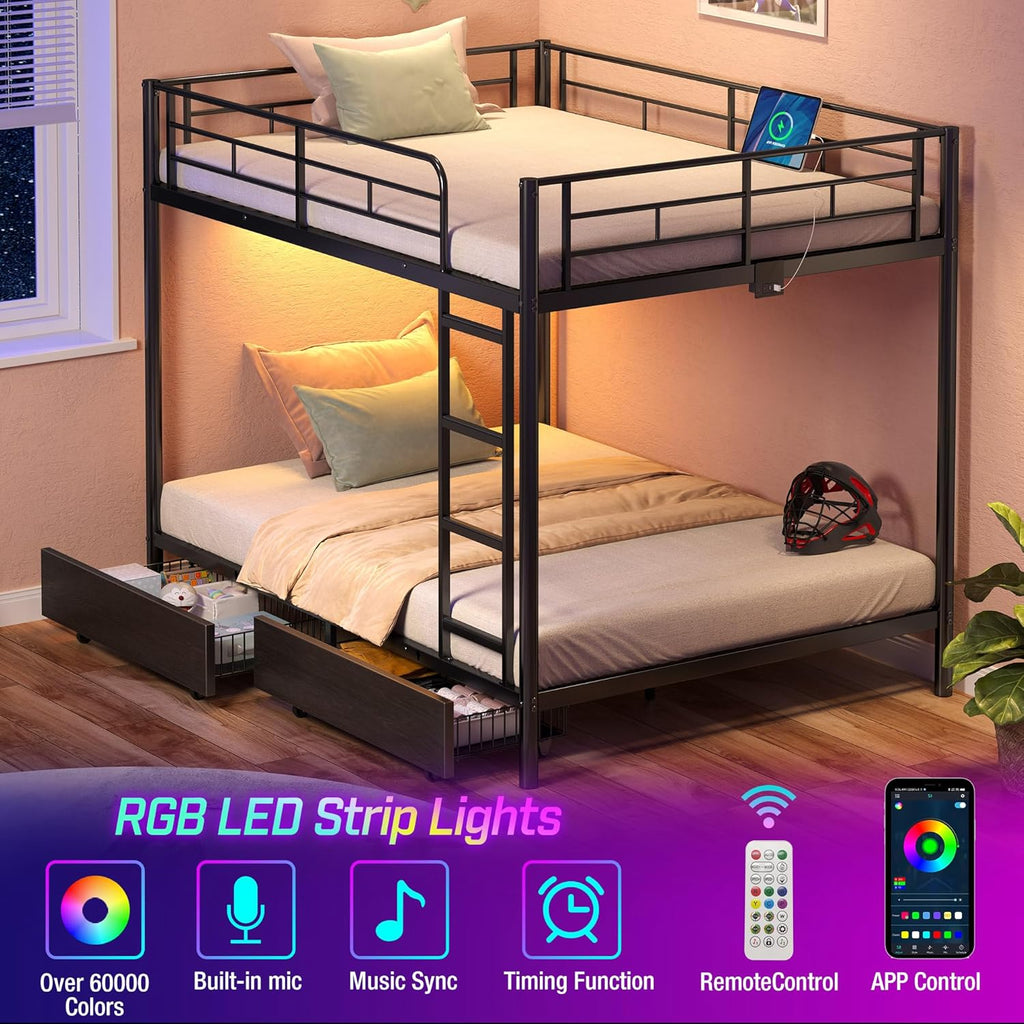 Metal Bunk Bed Full Over Full with USB Charging Station, LED Bunk Bed with 2 Storage Drawers
