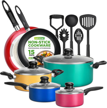 15-Piece Non Stick Kitchen Cookware Set PFOA/PFOS-Free, Colorful Heat Resistant Lacquer w/Saucepot, Frying Pans, Oven