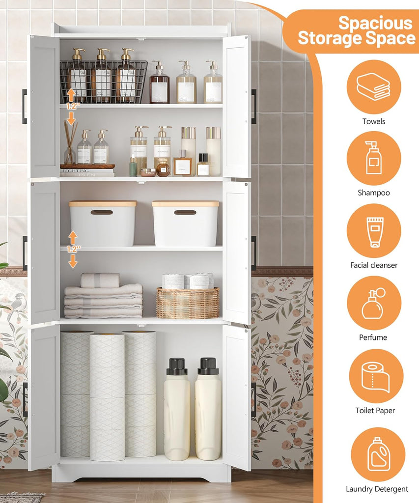 Tall Bathroom Floor Cabinet with 6 Barn Door 60.2''H Pantry White | 11.6''D x 22.6''W Linen Storage Cabinet with