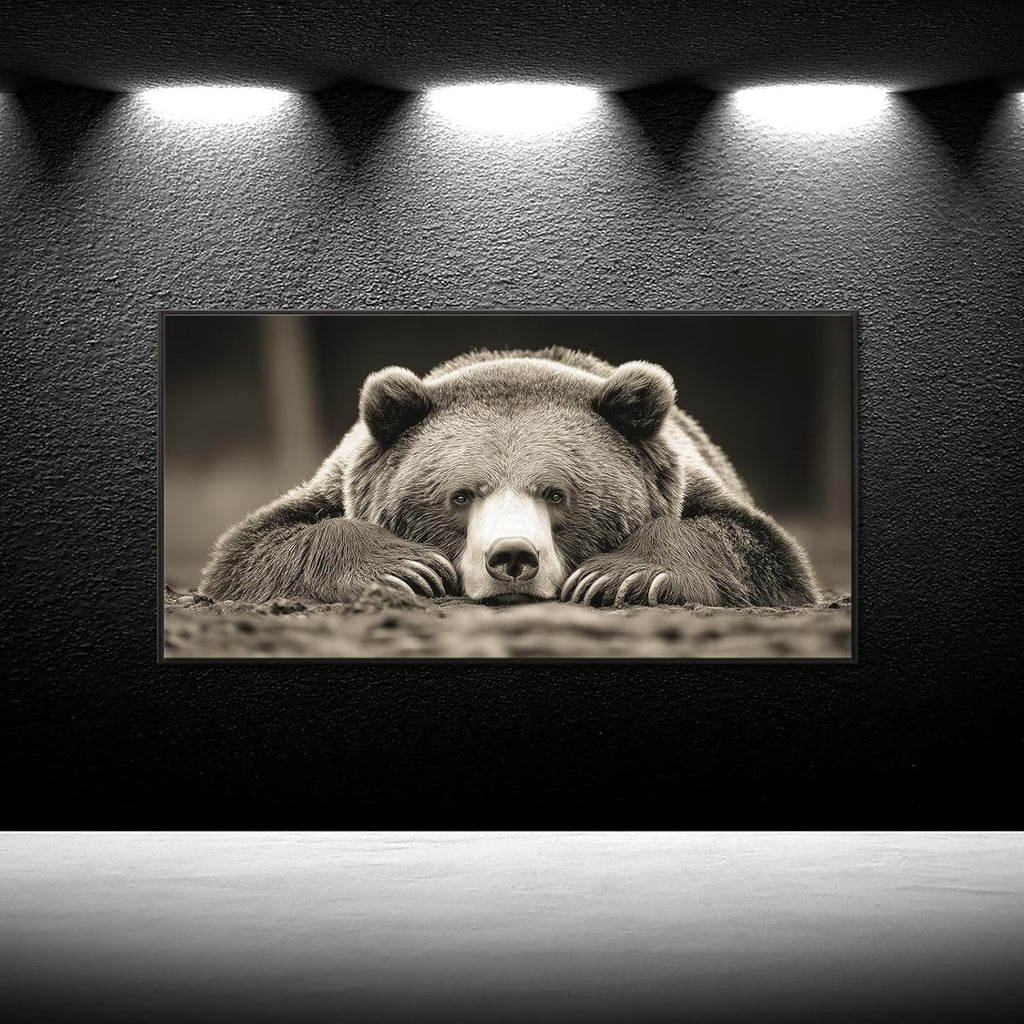 Grizzly Bear Wall Art Brown Animal Canvas Print with Black Floater Frame Rustic Woodland Decor Bedroom Cabin