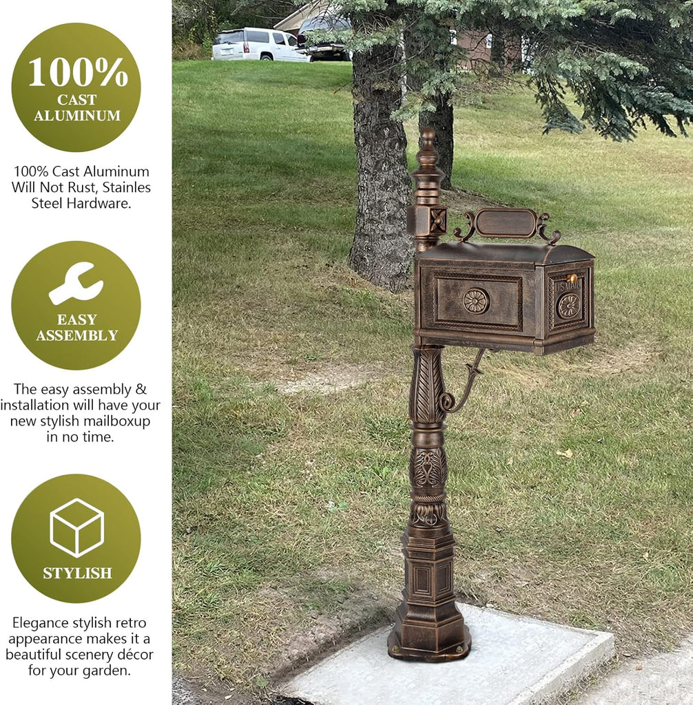 Barcelona Decorative Post Mailbox Combination Stratford Heavy Duty Postal Mail Box Cast Aluminum(Bronze)