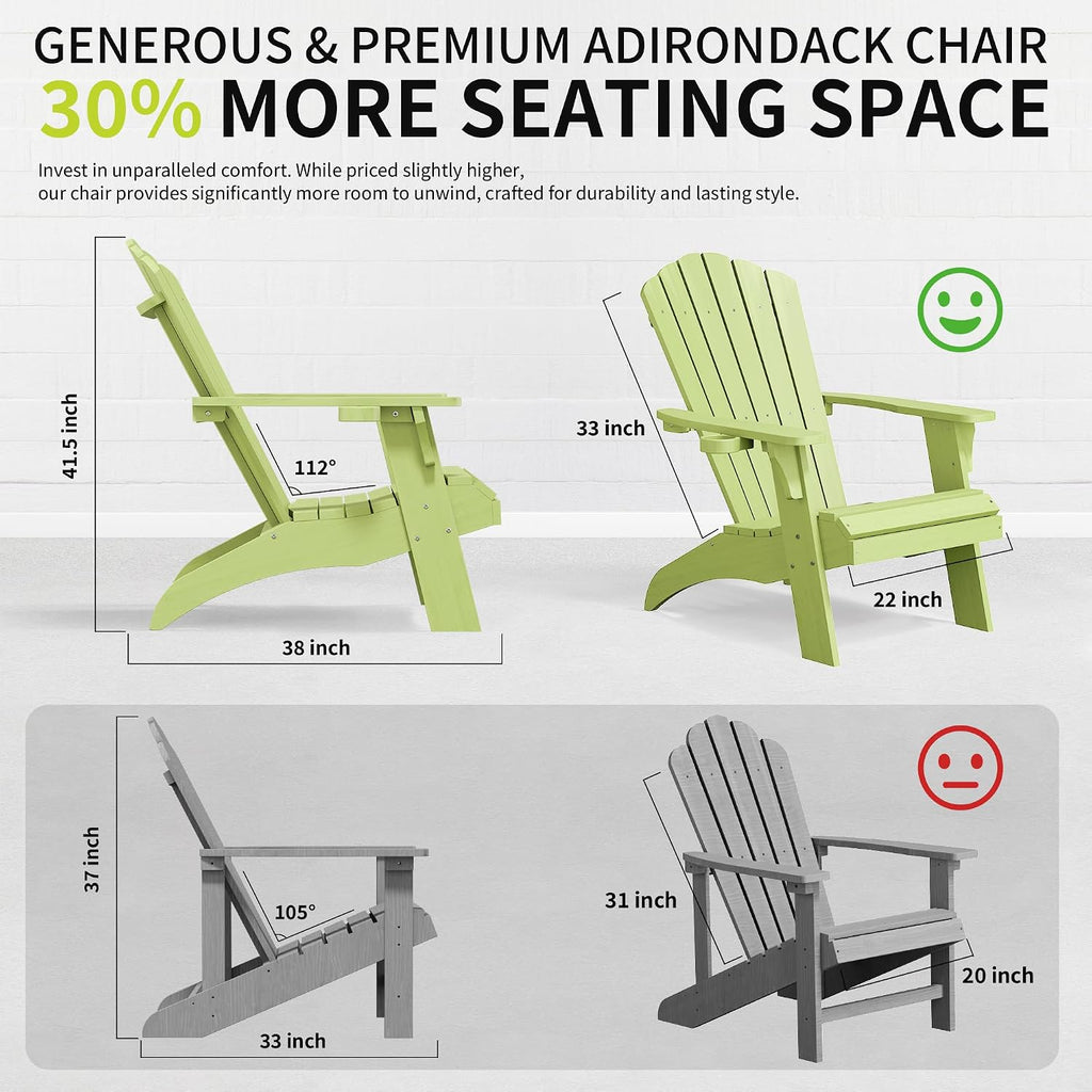 Adirondack Chairs with Cup Holder (1, Green) | Poly Lumber Patio Chairs, Blue 350Lbs Support, All Weather Patio