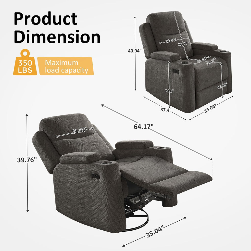 Power Nursery Glider Rocking Chair, Comfy Chenille Grey | 270° Swivel, USB & Type-C Ports, Cup Holder & Armrest