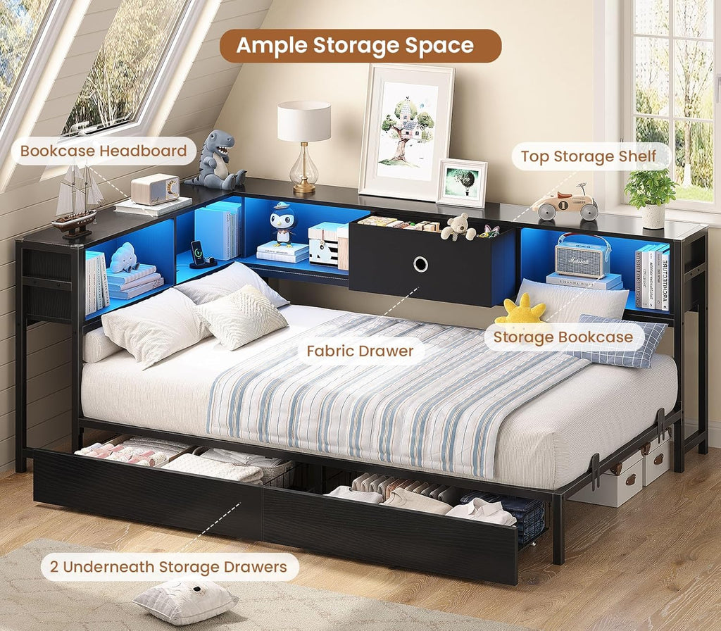 Twin Corner Bed Frame with Storage Drawers and Bookcase Headboard, Twin Size Metal Platform Corner Bed Frame with