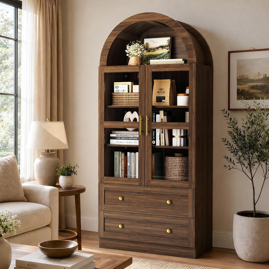 Arched Kitchen Pantry Cabinet, 71" Tall Arched Cabinet with Acrylic Doors, Farmhouse Kitchen Storage Cabinet with 2