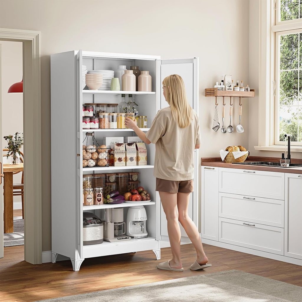 Metal Pantry Cabinet, 75" Kitchen Pantry with 2 Door and 4 Adjustable Shelves,White Metal Pantry Storage