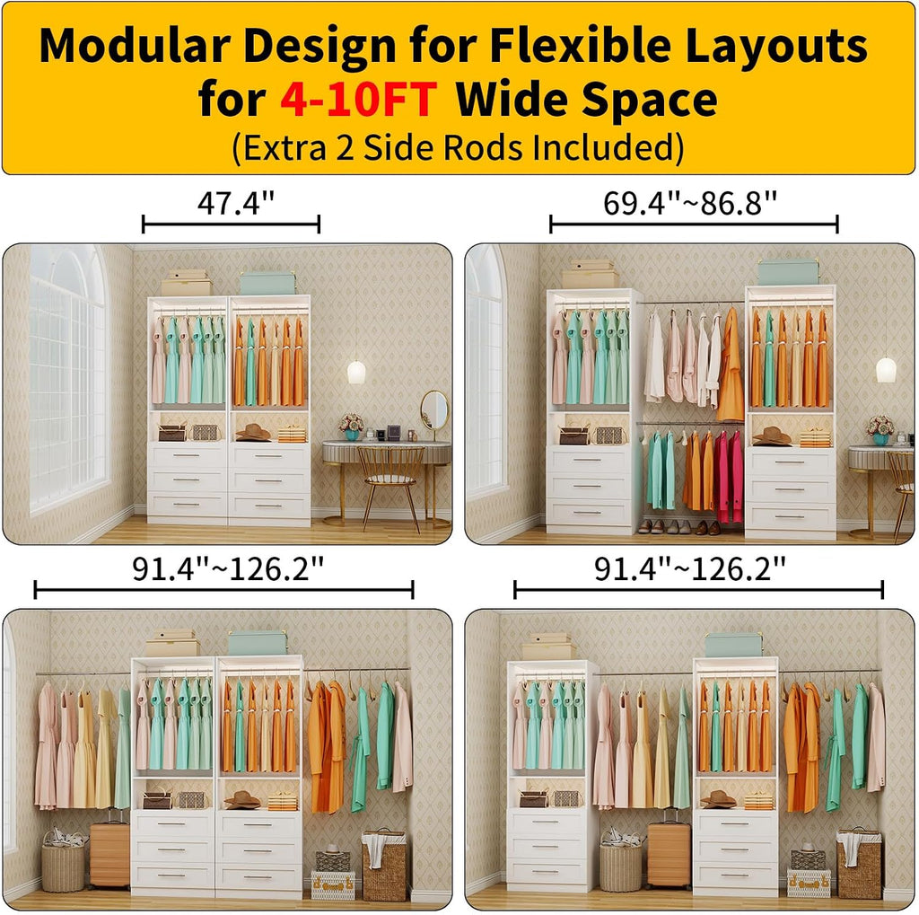 Closet System of 2 Sets with 6 Drawers, 4FT-10FT Modular Closet Organizer Systems Shelving, Wood Closet Systems for