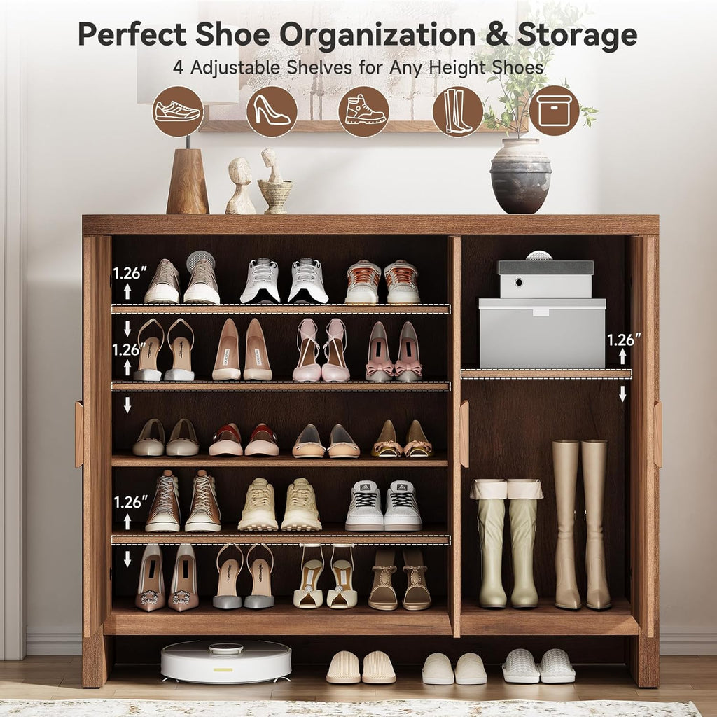 Shoe Cabinet with 3 Doors, 30 Pairs Shoe Storage Cabinet with Adjustable Shelves & Ventilation Hole Design, 47'' Wide