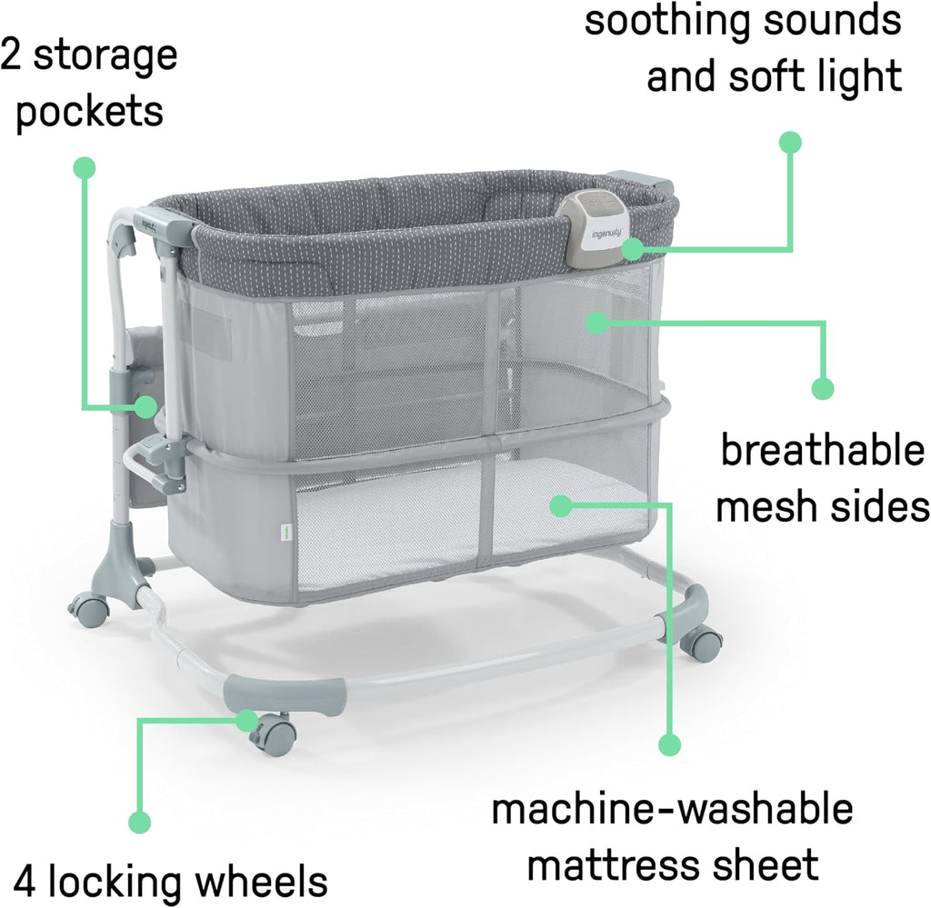 Dream & Grow Bedside Baby Bassinet with AirLoom Mattress, for Ages 0-12 Months, Adjustable Height - Handstitch (Grey)