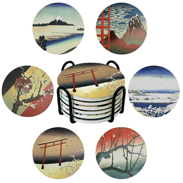 Ceramic Coasters Absorbent Non Slip 6pcs 4 Inch Coaster Ukiyo-e