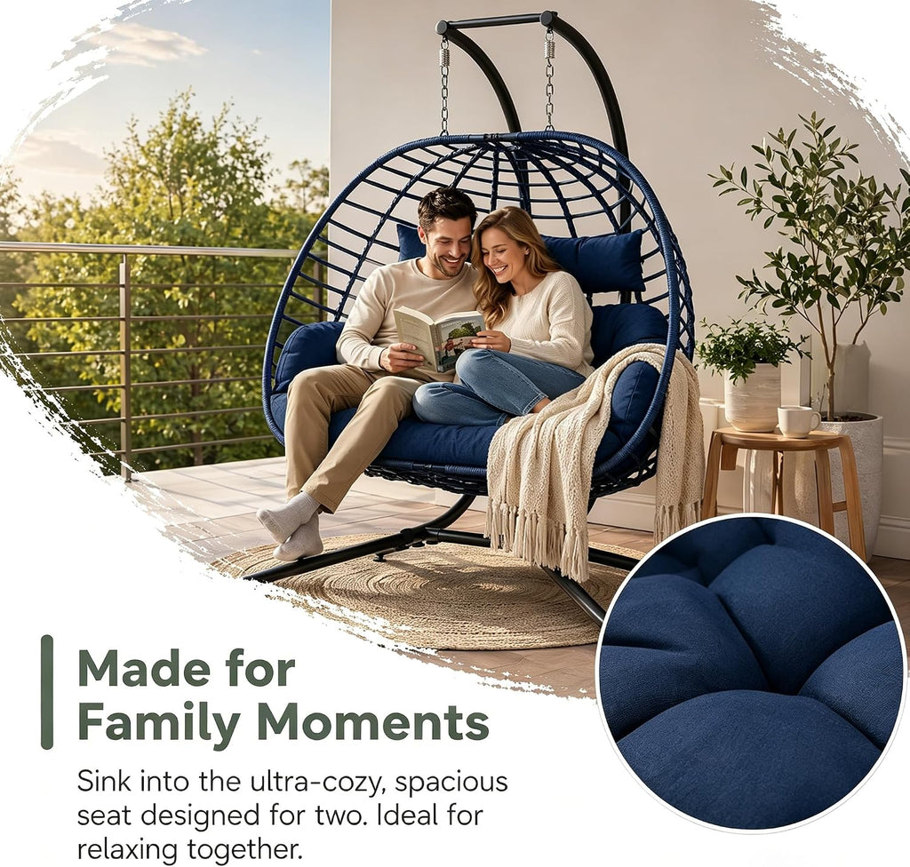 Double Egg Swing Chair 650lbs 2-Person w/Stand Dark Grey | 650lb cap, 52" cross base, shock-absorbing spring, 6