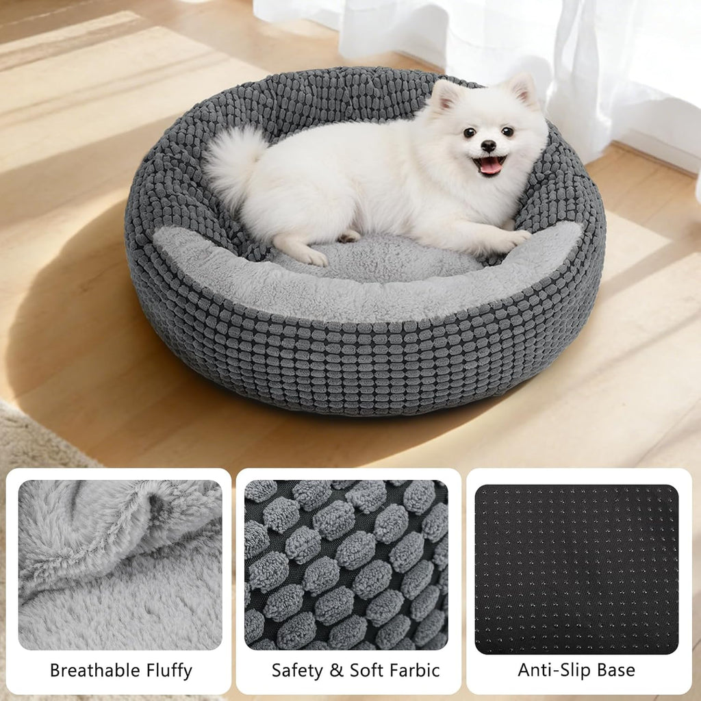 Small Dog Bed with Attached Blanket, Cozy Donut Cuddler Anti-Anxiety Hooded Pet Beds Calming Cave Bed. Orthopedic