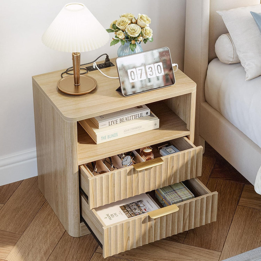 Fluted Night Stand Set of 2, Modern Nightstand with Charging Station, Drawers and Open Shelves - Bedside Table Wood
