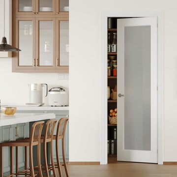 30" x 80" Pantry Door with Prehung Door Jamb, Right-Handed Interior Door, 1-Lite Frosted Glass, White MDF with