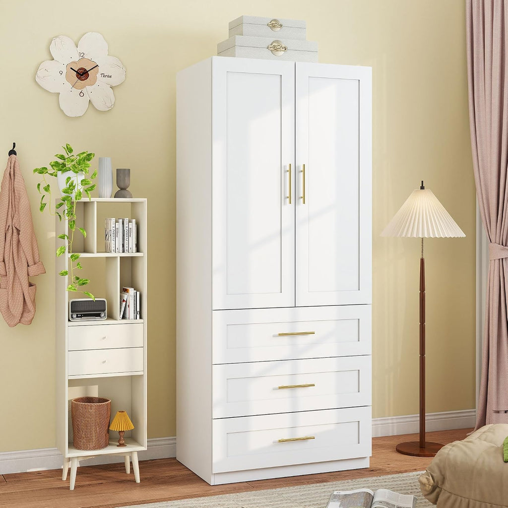 White Armoires Wardrobes Closet:Bedroom Armoire Wardrobe Closet with Hanging Rod, Modern Wardrobe Cabinet with