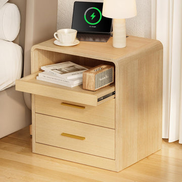 20" Wide Modern Nightstand with Charging Station,2 Drawer End Table with Pull-Out Shelf,Curved Profile Design,Wood