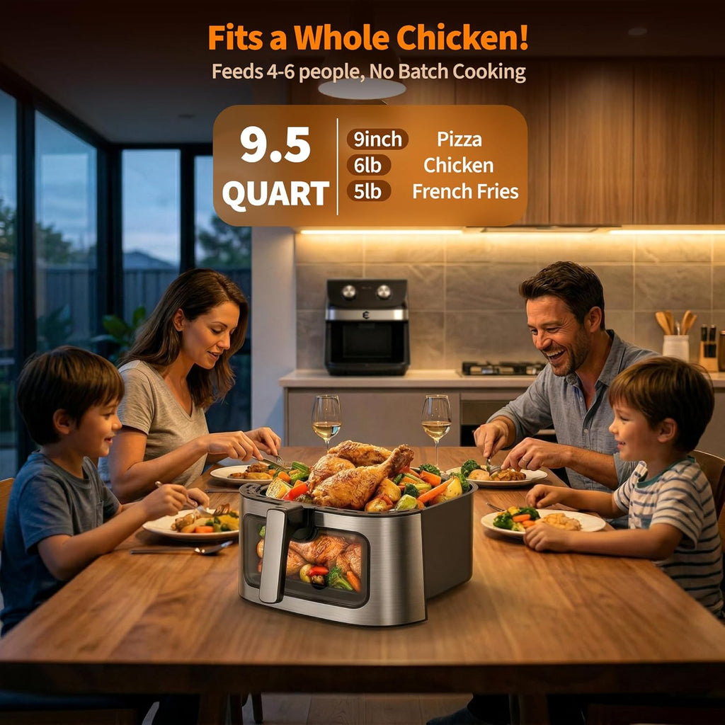 9.5Qt Large Air Fryer Oven, 12 Printed Presets Airfryer Toaster Oven Combo, Non Toxic Stainless Steel Air Fryer with