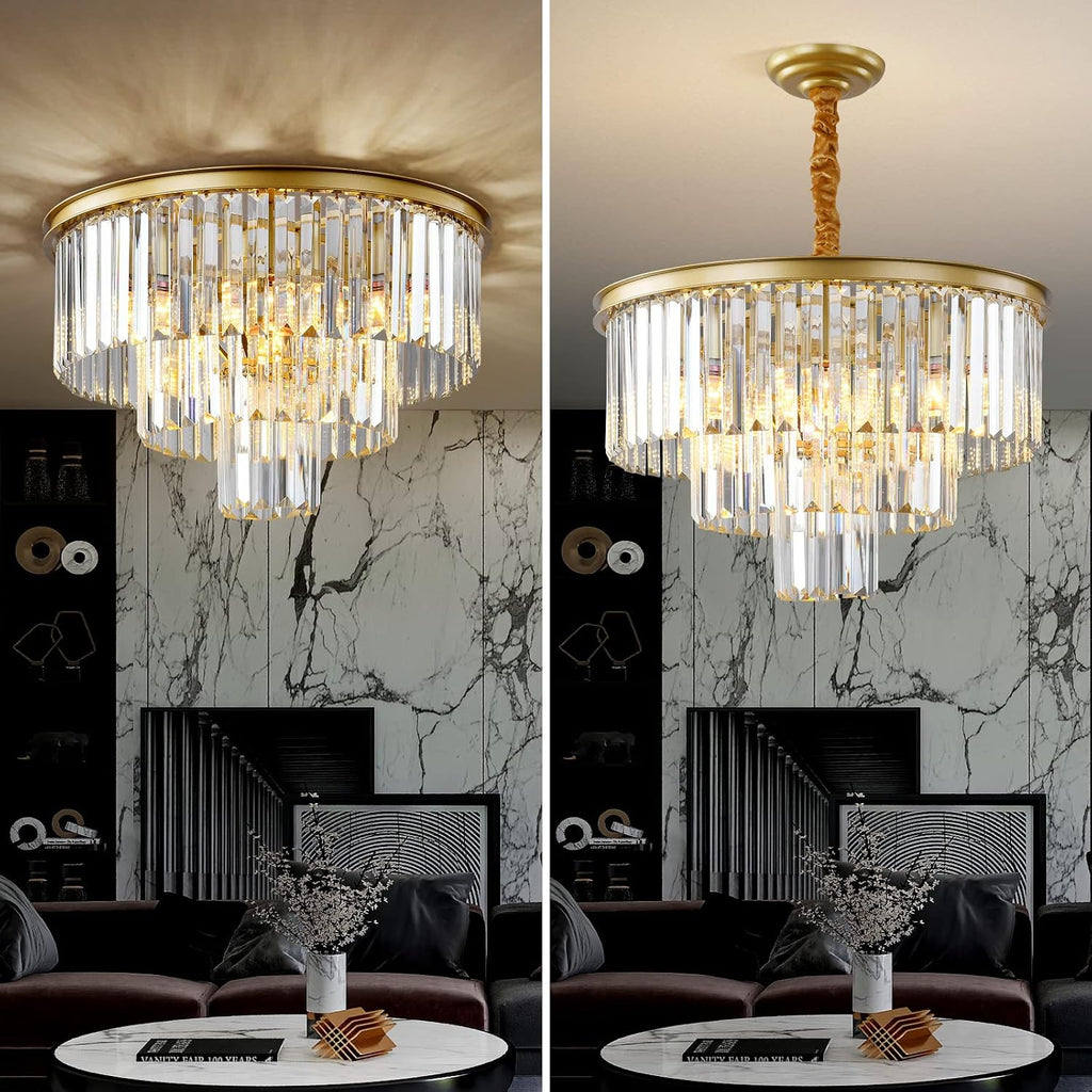 Gold Modern Crystal Chandelier, 3-Tier Round Flush Mount Ceiling Light Fixtures Height Adjustable Pendant Lighting