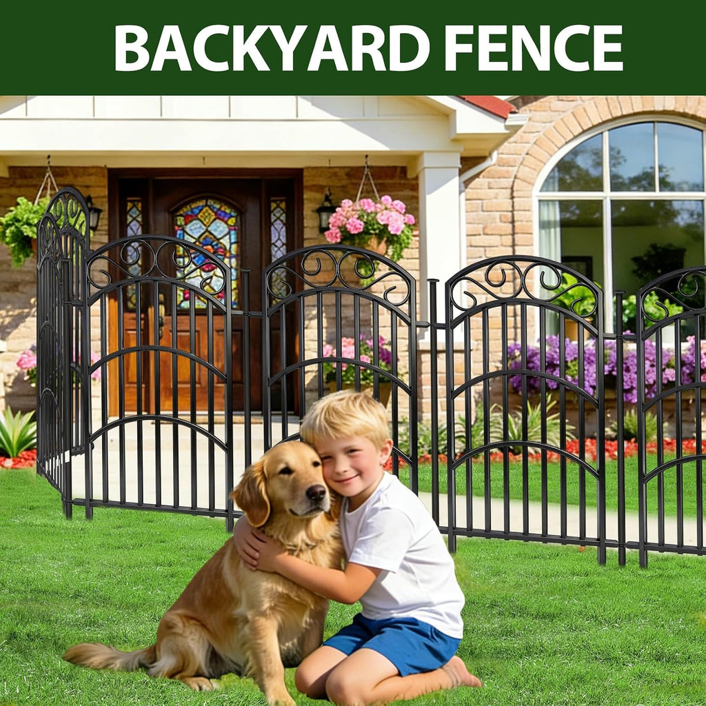 8 Panels Decorative Garden Fence, 40in(H)×18Ft(L) Heavy Duty Metal Outdoor Dog Fence Rustproof Square Tube No Dig