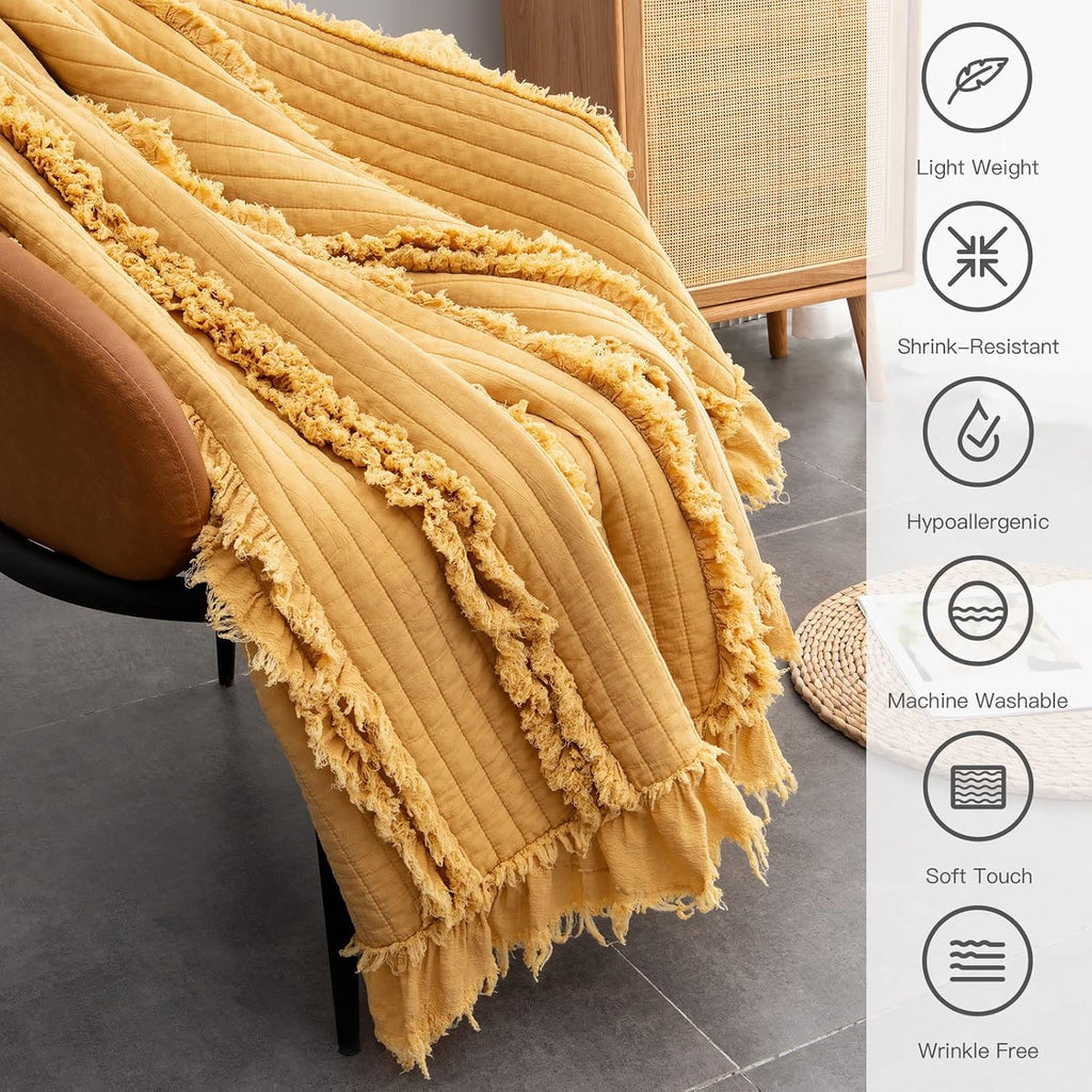 Ultra Soft Pre-Washed Warm Quilted Throw Blanket, Ruffle Fringed Yellow Boho Decorative Throw, Stone Washed Chic
