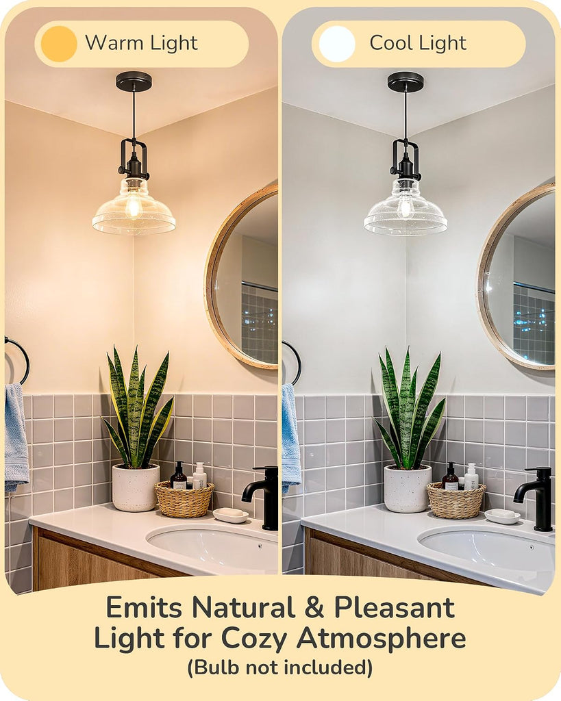 Farmhouse Pendant Lights Kitchen Island, Clear Seeded Glass Shade Hanging Light with Matte Black Finish, Modern