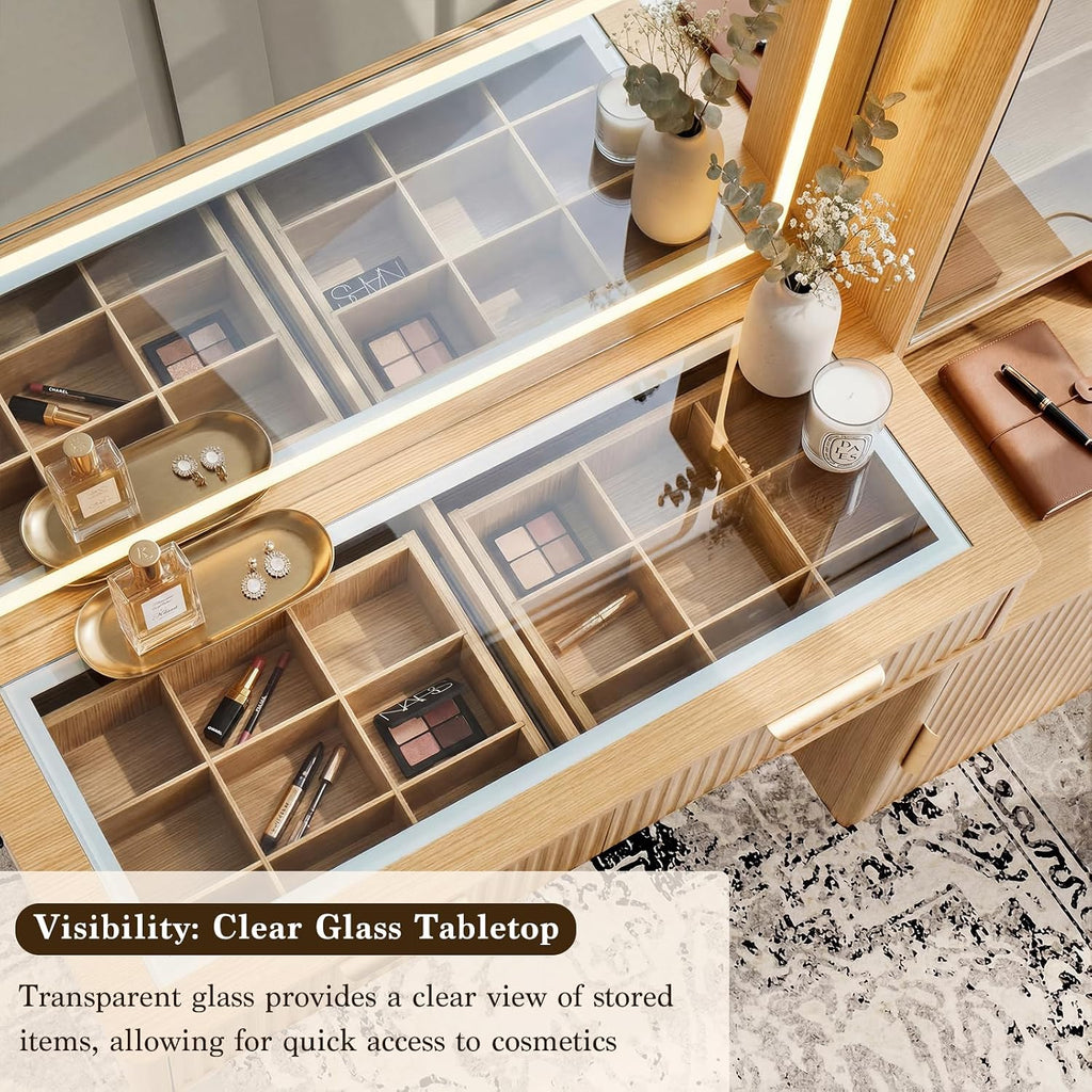 40" Fluted Makeup Vanity Desk with Lighted Mirror, Glass Top & Charging Station, Vanity Set with Upholstered Stool