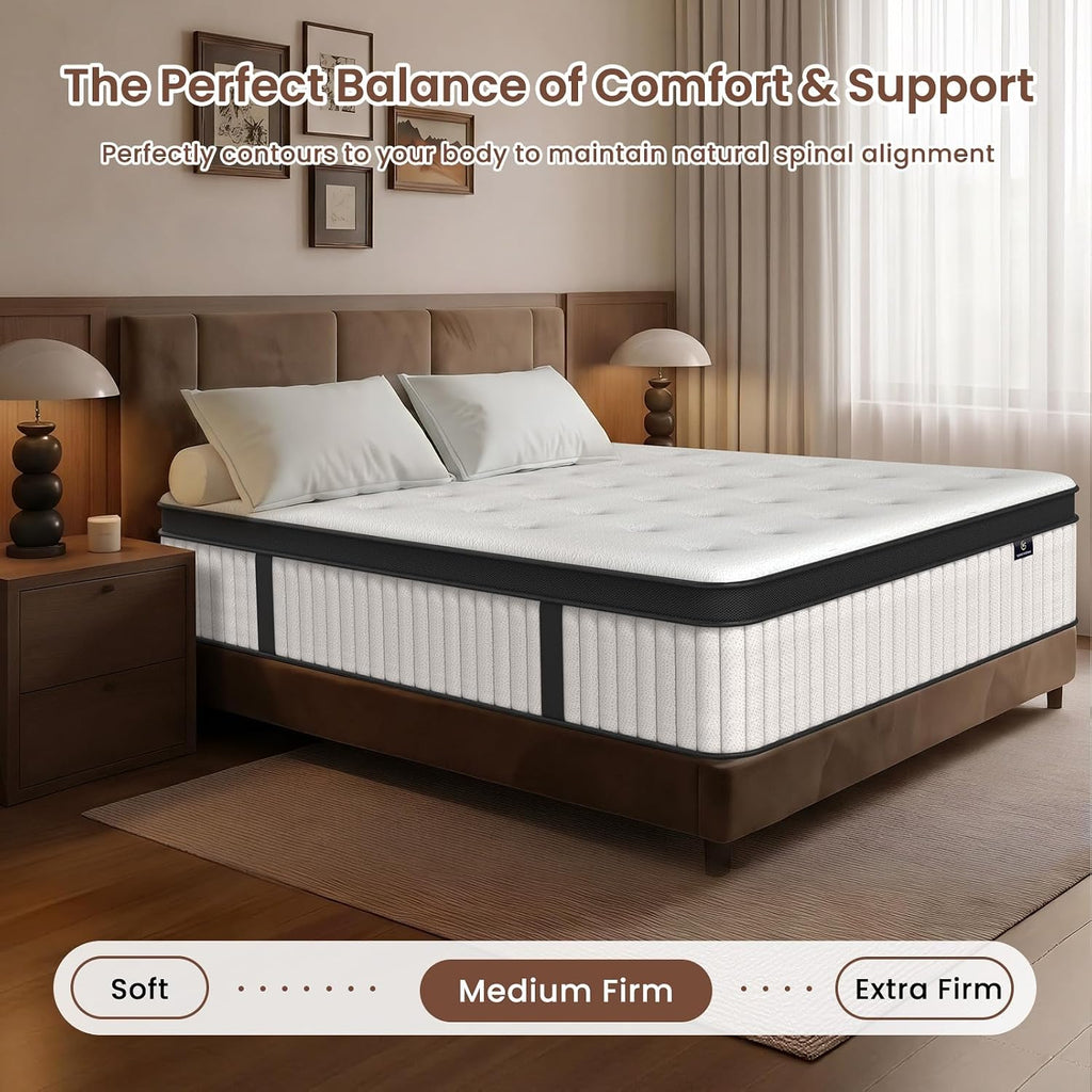 Full Size Mattress, 12 Inch Hybrid Mattress in a Box, Medium Firm Memory Foam & Individual Pocket Springs, Soft and