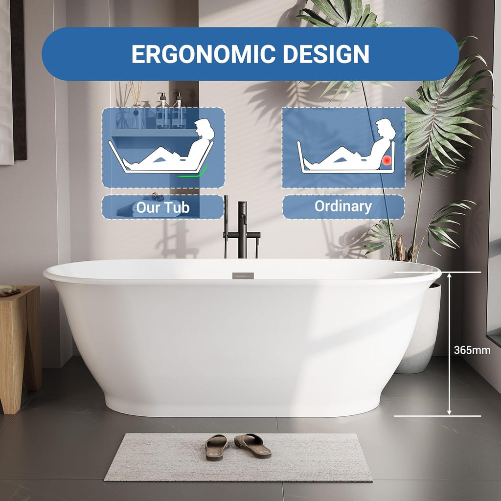 59 inch Acrylic Oval Rim Freestanding Bathtub, Full White, Comfort Soaking Tub for Home Spa & Muscle Recovery, Pop-Up