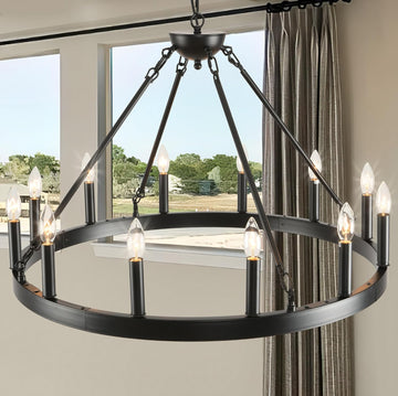 Inspired Camino Style Chandelier - Black Wagon Wheel Chandelier 32 inch,12-Light Farmhouse Wagon Wheel Chandeliers Round Industrial Ceiling Light fixtures for Outdoor Porch high Ceilings Living Dining Room Foyer Entryway