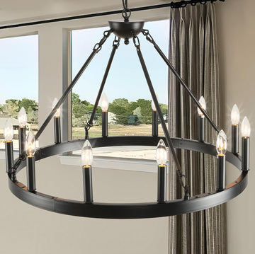 Black Wagon Wheel Chandelier 32 inch,12-Light Farmhouse Wagon Wheel Chandeliers Round Industrial Ceiling Light