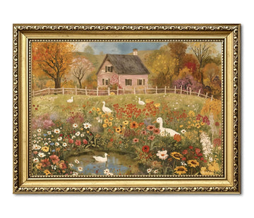Vintage Gold Framed Canvas Wall Art Farmhouse Landscape Wall Decor Picture Country Cottage with Ducks Poster Painting