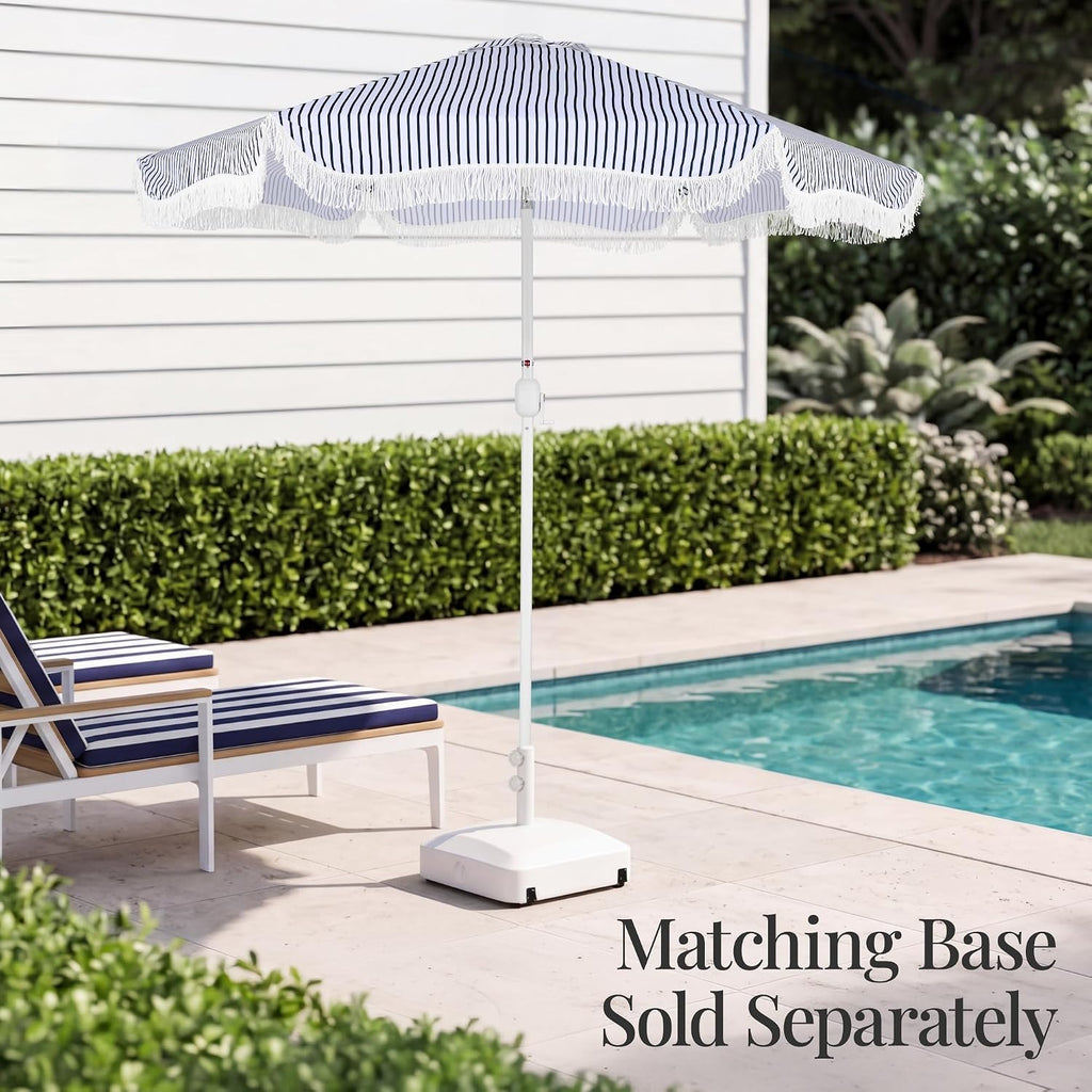 9ft Fringe Market Patio Umbrella - Outdoor Boho Tassel Sunshade for Table, Pool, Deck, Backyard - Navy Pinstripe