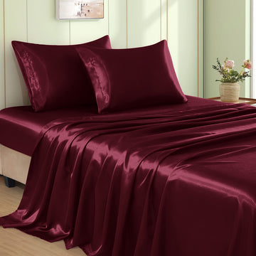 4pcs Burgundy Satin Sheets Queen Set, 15-Inch Deep Pocket