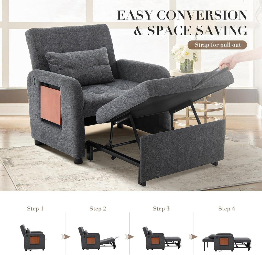 Convertible Sleeper Chair-Fabric Futon Sofa Bed, Single Sleeper Sofa, Small Couch Bed with USB Port, Foldable Table