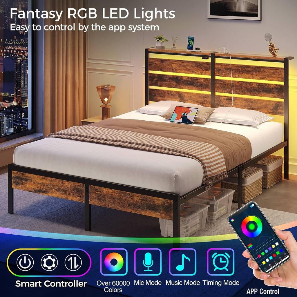 Bed Frame Full with USB Charging Station, LED Bed Frame with Wood Storage Headboard