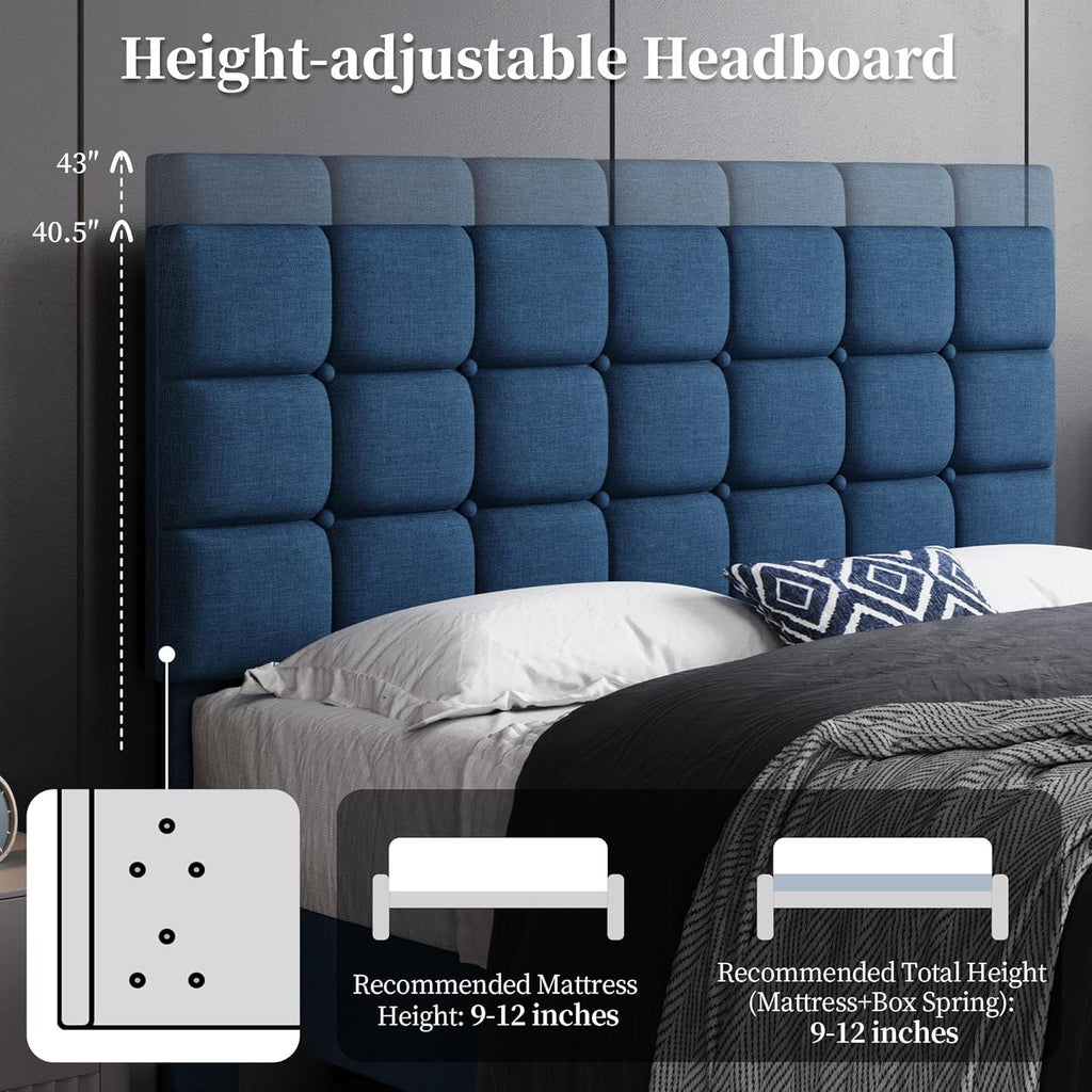 Upholstered Bed Frame, Modern Queen Bed Platform with Square Stitched&Button Tufting Headboard Height Adjustable
