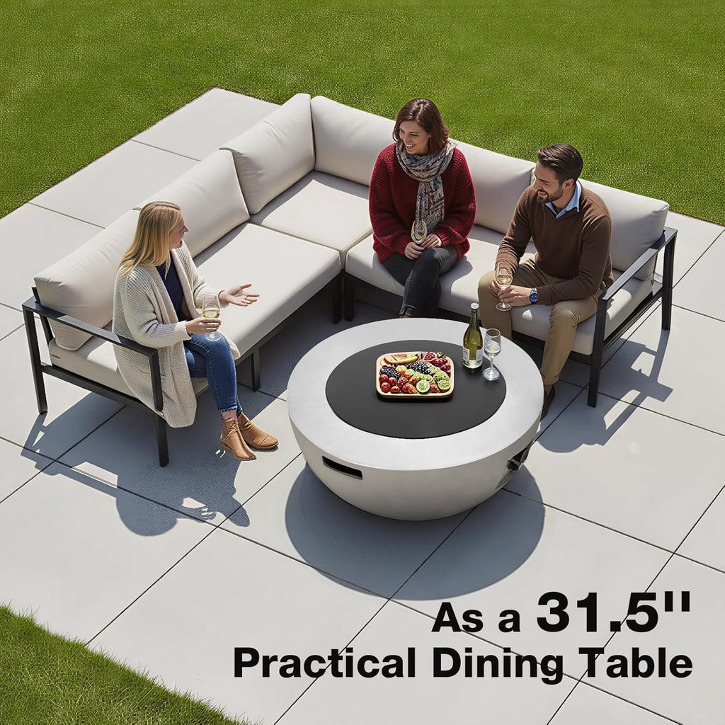 31.5 Inch Round Propane Fire Pit Table - Concrete Round Fire Bowl 50,000 BTU Natural Gas Firepit Burner with Steel Lid