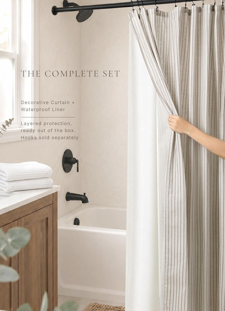 Farmhouse Striped Shower Curtain - 72x72 Inches, Linen Blend Fabric, Breathable & Machine Washable, Rustic Taupe