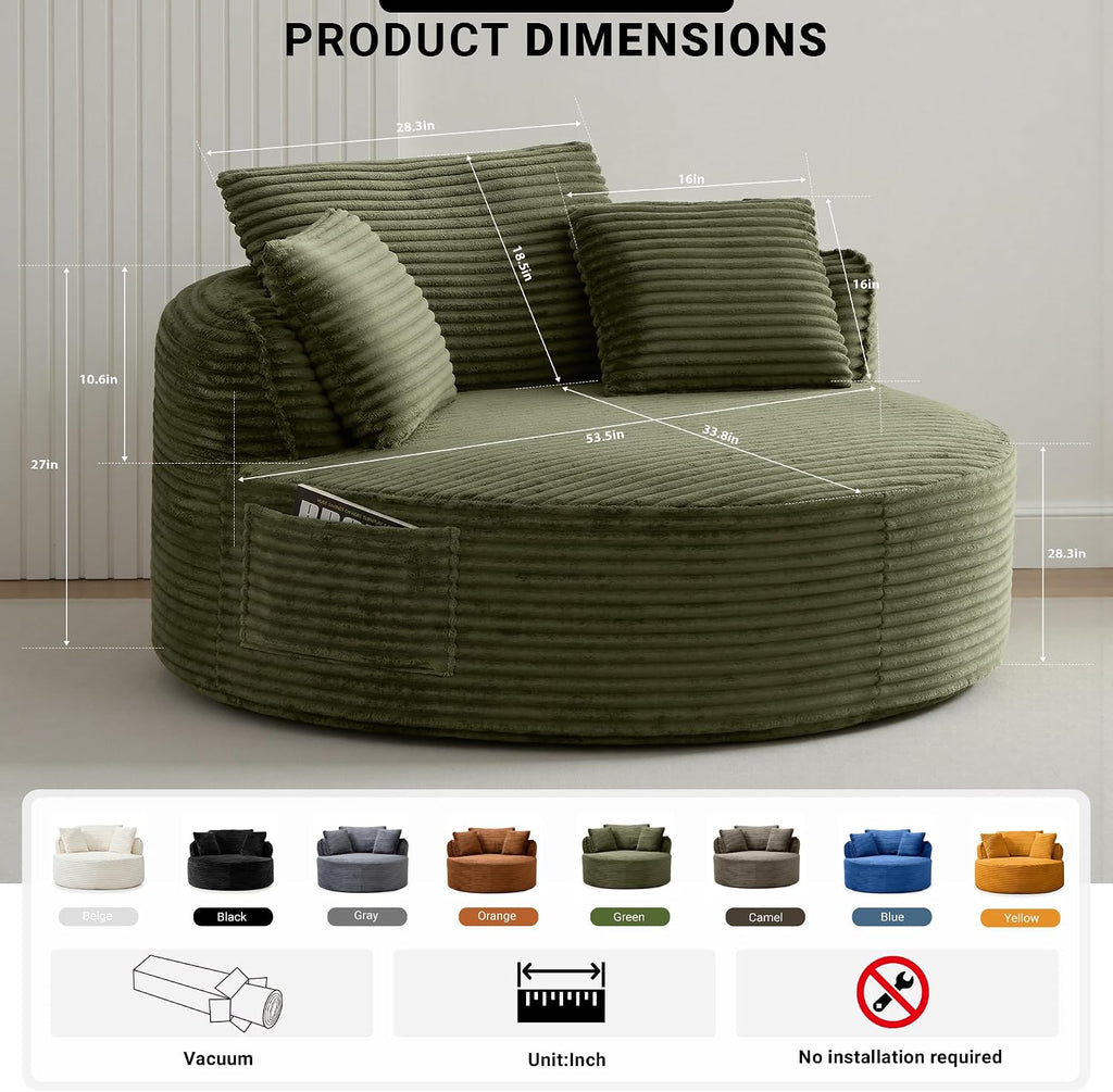 Oversized Round Lounge Chair Indoor, Corduroy Upholstered Deep Seat Cloud Circle Sofa Chair, Fluffy Boneless Sleeper