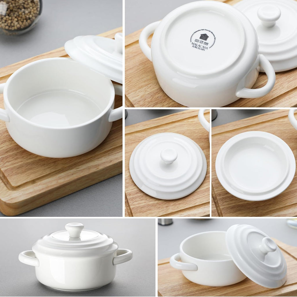 Mini Cocotte Set of 4, 14 OZ Ceramic Casserole Dishes with Lids | Single Serving Small Dutch Oven Set, Lasagna