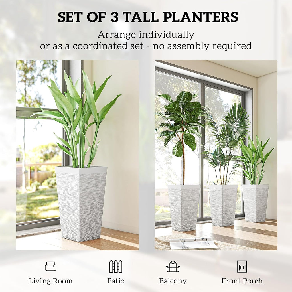 22.8 Inch Tall Planters for Outdoor Plants Set of 3, White | Wheels, Flower Pots, Stone Finish, Stackable Tapered