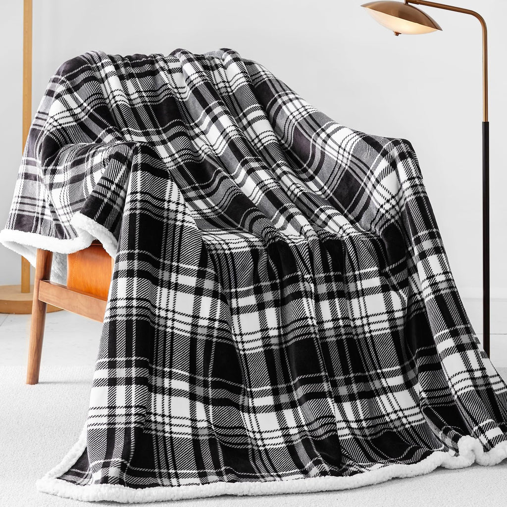 Sherpa Plaid Throw Blanket, Fleece Flannel Plush Twin Size Microfiber Blanket for Couch Bed Sofa, Fuzzy Fluffy Cozy
